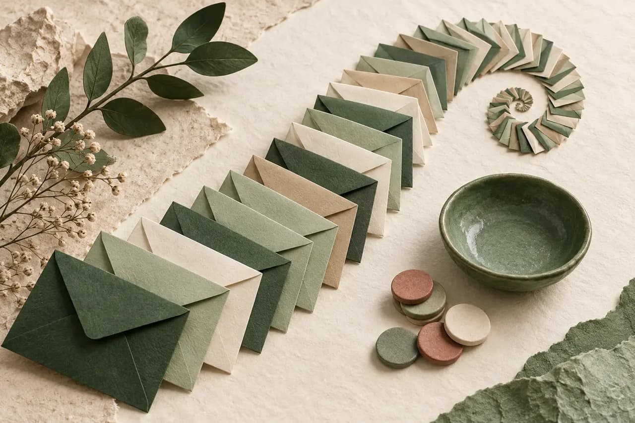 A spiral of green and cream paper envelopes beside a ceramic bowl and clay discs.