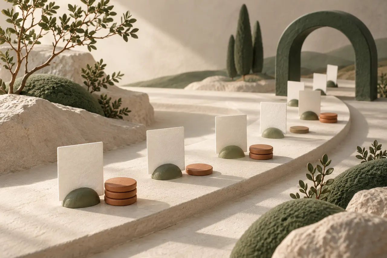 Blank paper cards and clay tokens follow a curved path toward a green arch.