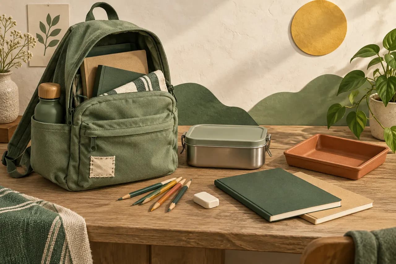 A patched green backpack, lunchbox, shortened pencils and books beside an empty terracotta tray.