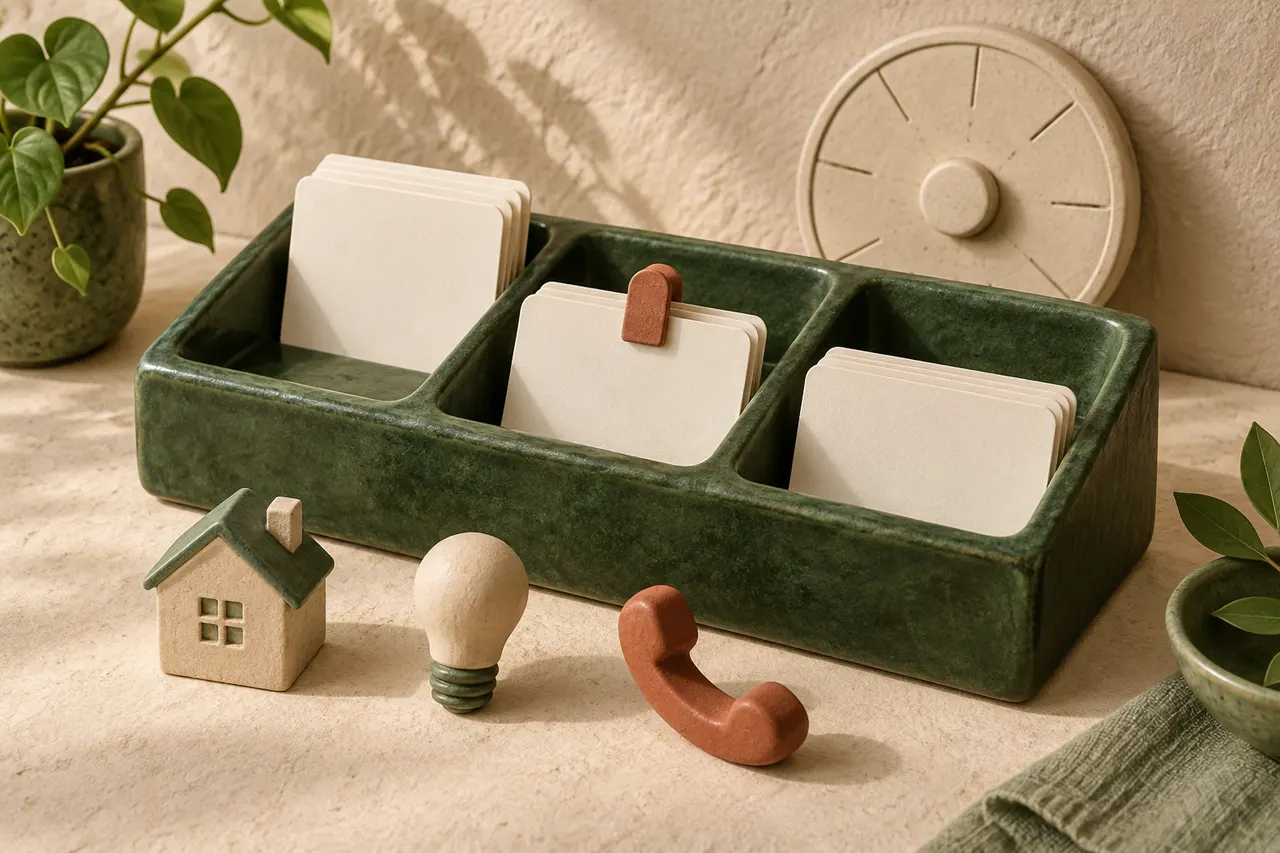 Blank cards in a green three-slot organizer beside a clay house, lightbulb and telephone.