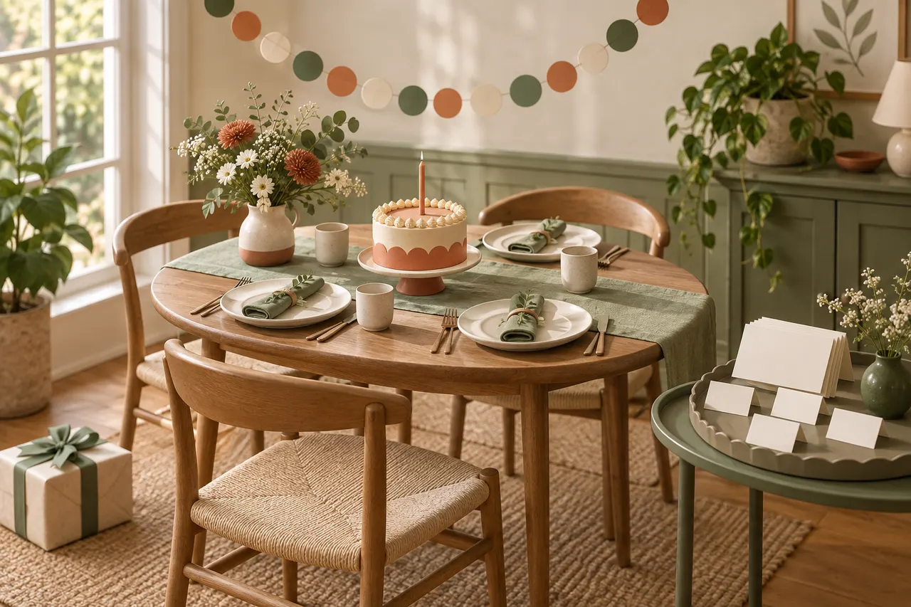A warm party table scene with a simple guest plan, serving supplies, and a dated budget card.