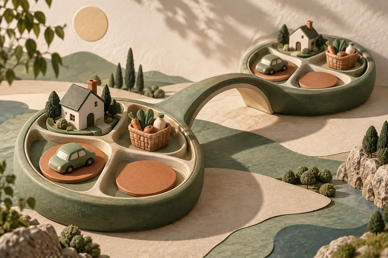 Two compartmented ceramic trays linked by a bridge, with miniature homes, cars and grocery baskets.