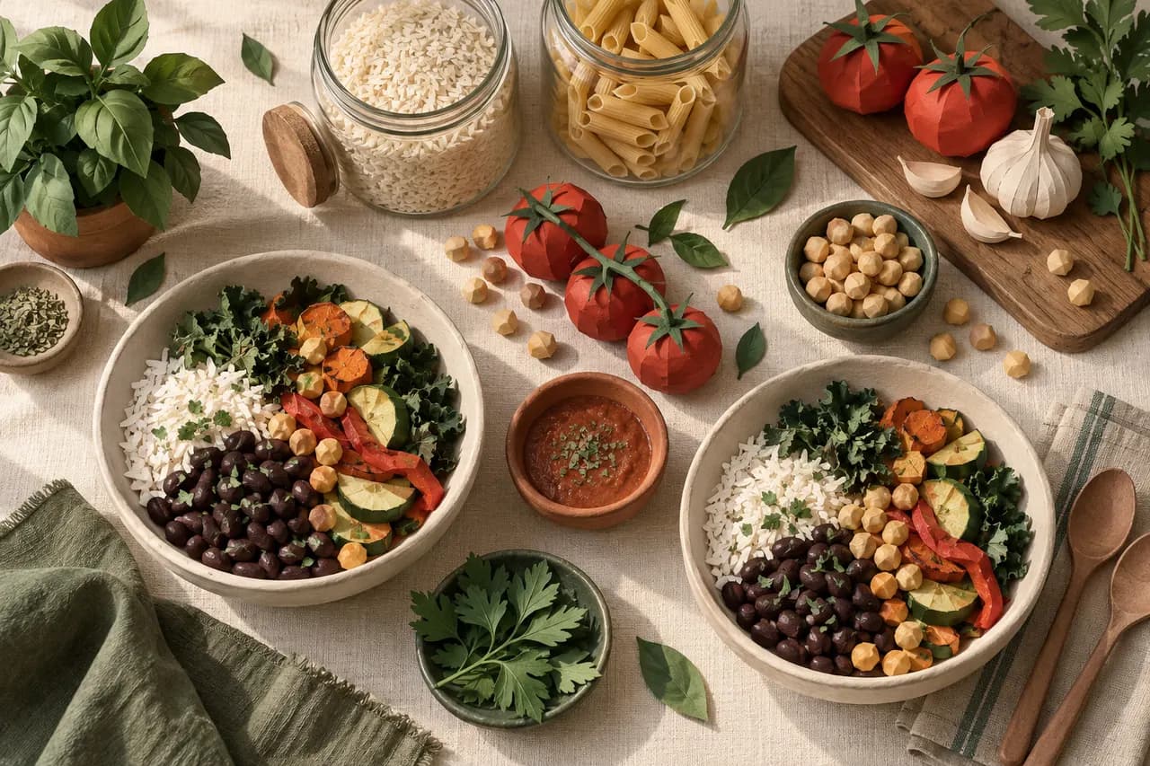 Two illustrated grain-and-vegetable bowls with a shared sauce bowl, pantry jars and paper tomatoes.