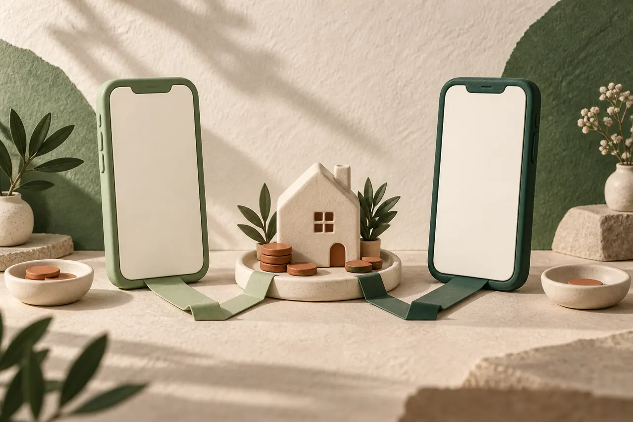 Two blank-screen phone sculptures connect by folded paper paths to a shared ceramic house and tokens.