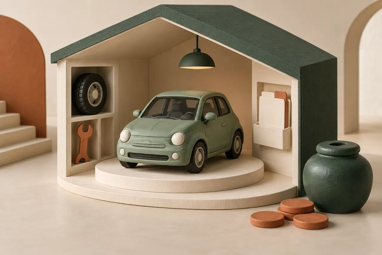 A miniature green car in a paper garage beside a tire, wrench, blank service cards and a savings pot.