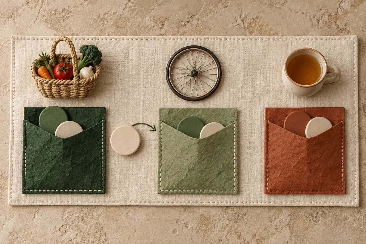 Three colored paper pockets on linen with plain tokens, a grocery basket, bicycle wheel and teacup.