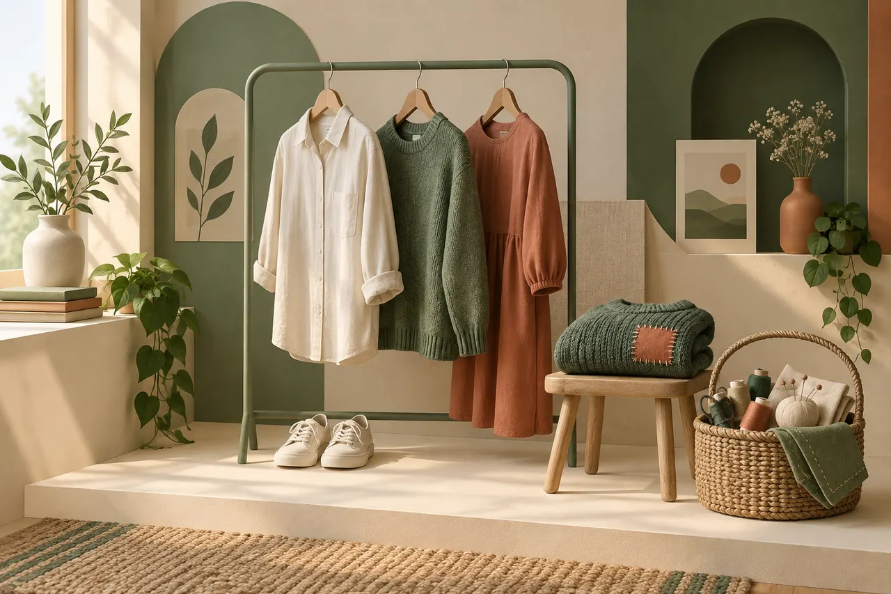 A calm wardrobe scene with a repaired garment, shoes, and a small clothing planning notebook.