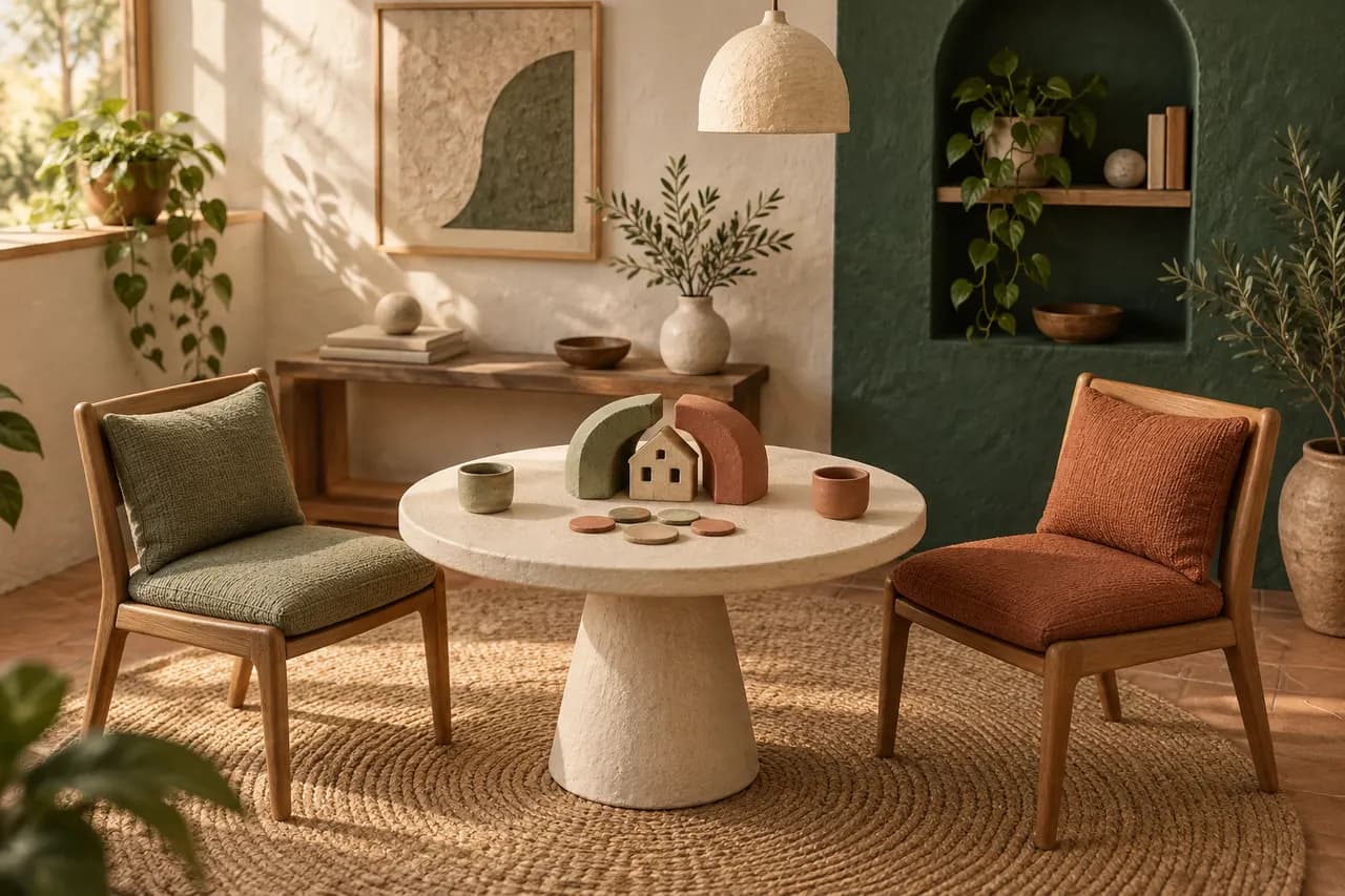 Two empty chairs face a round table holding a tiny house, joined ceramic shapes, cups and clay tokens.