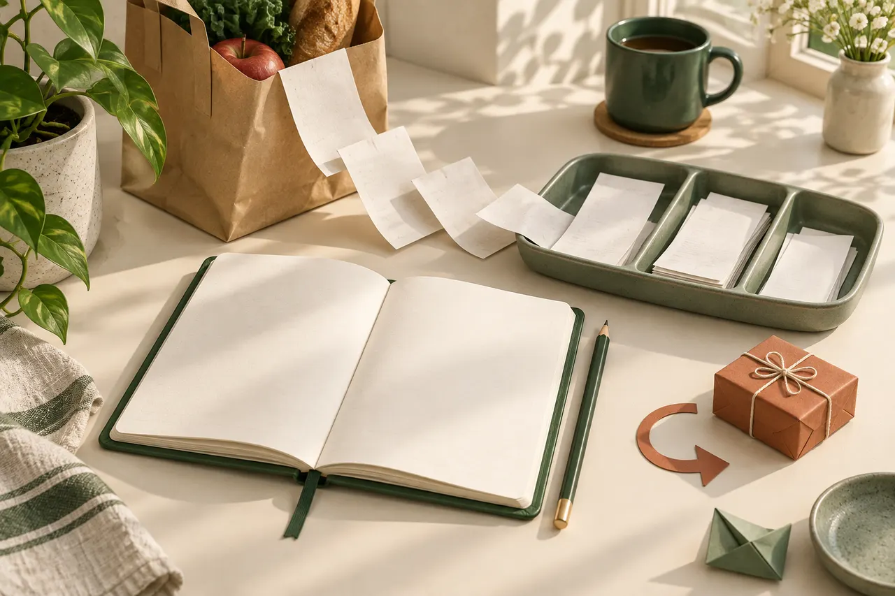 A warm editorial scene with receipts, a journal, and a returned purchase marked for review.