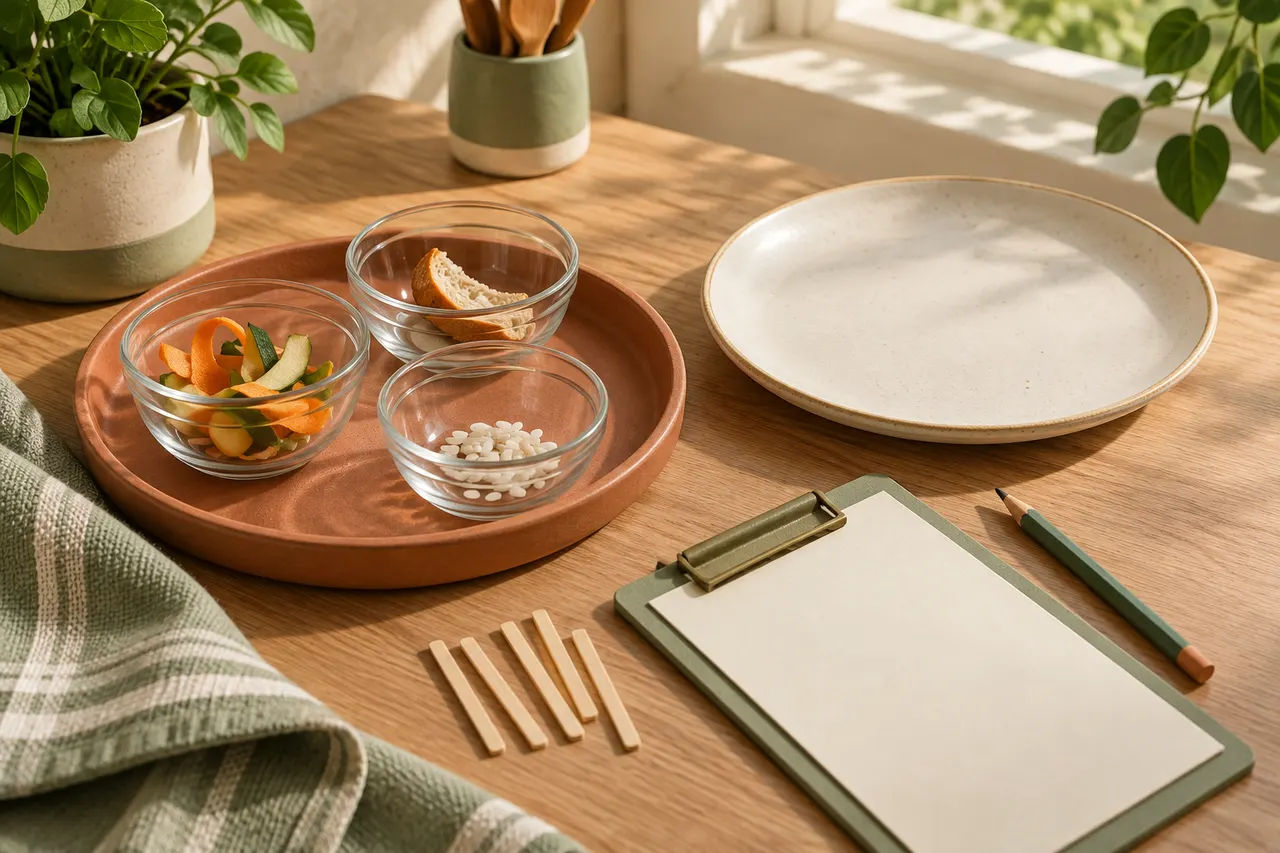 A careful kitchen waste audit with a small bowl, tally card, and fresh ingredients set aside.
