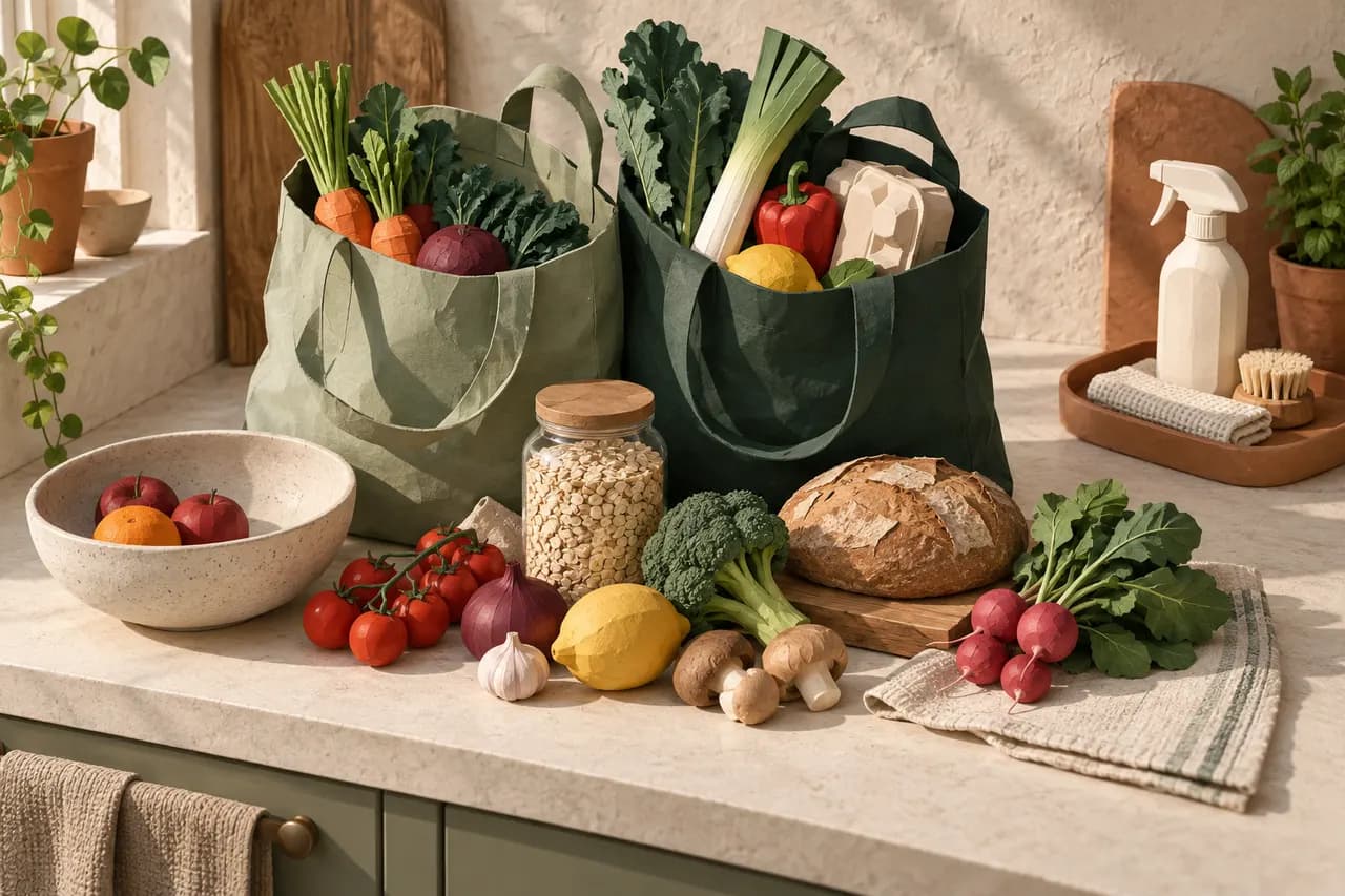 Two green shopping bags with illustrated produce, bread and grains, with cleaning supplies on a separate tray.