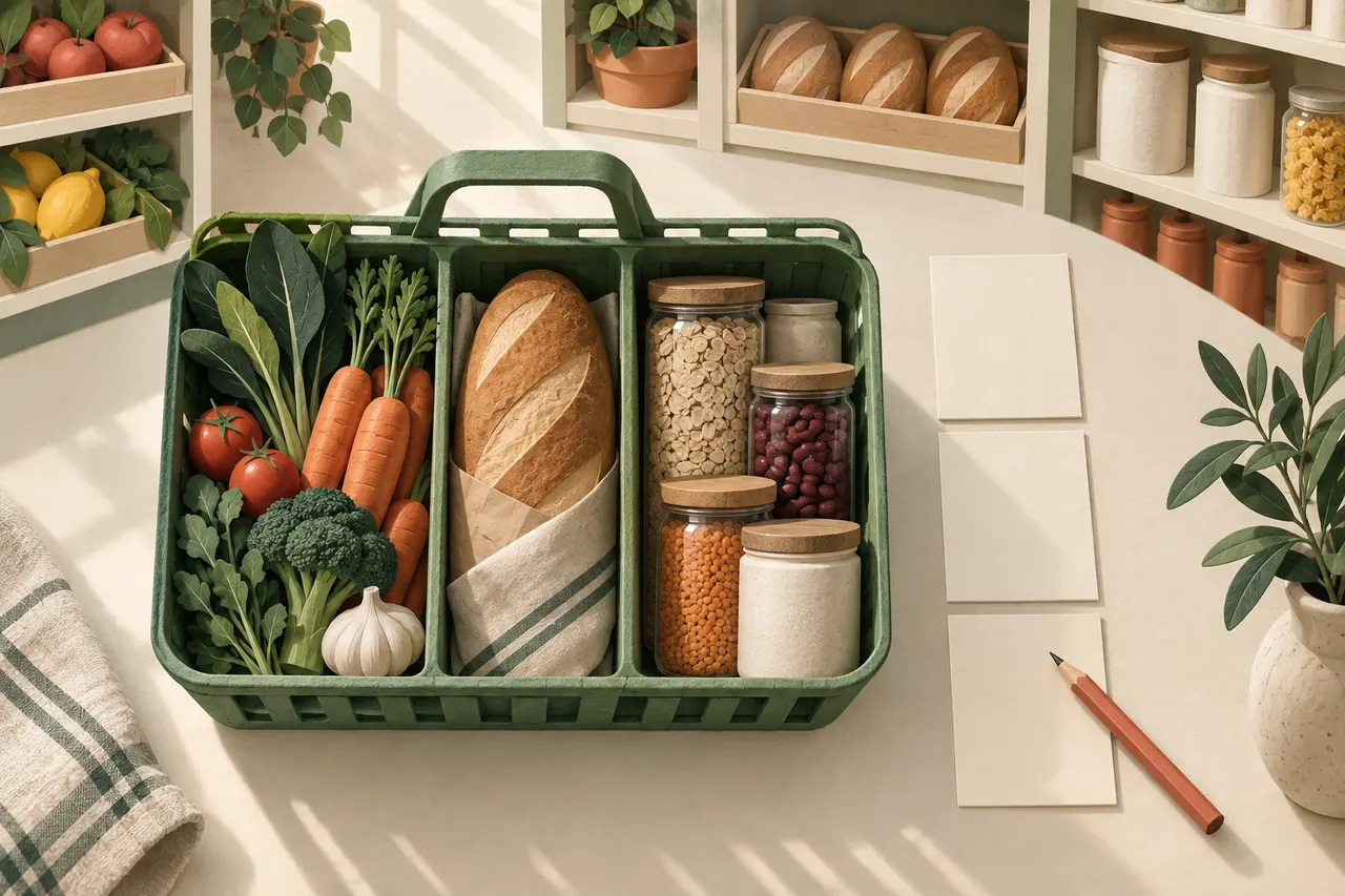 An editorial grocery planning scene with a handwritten list, organized basket, and meal ingredients.