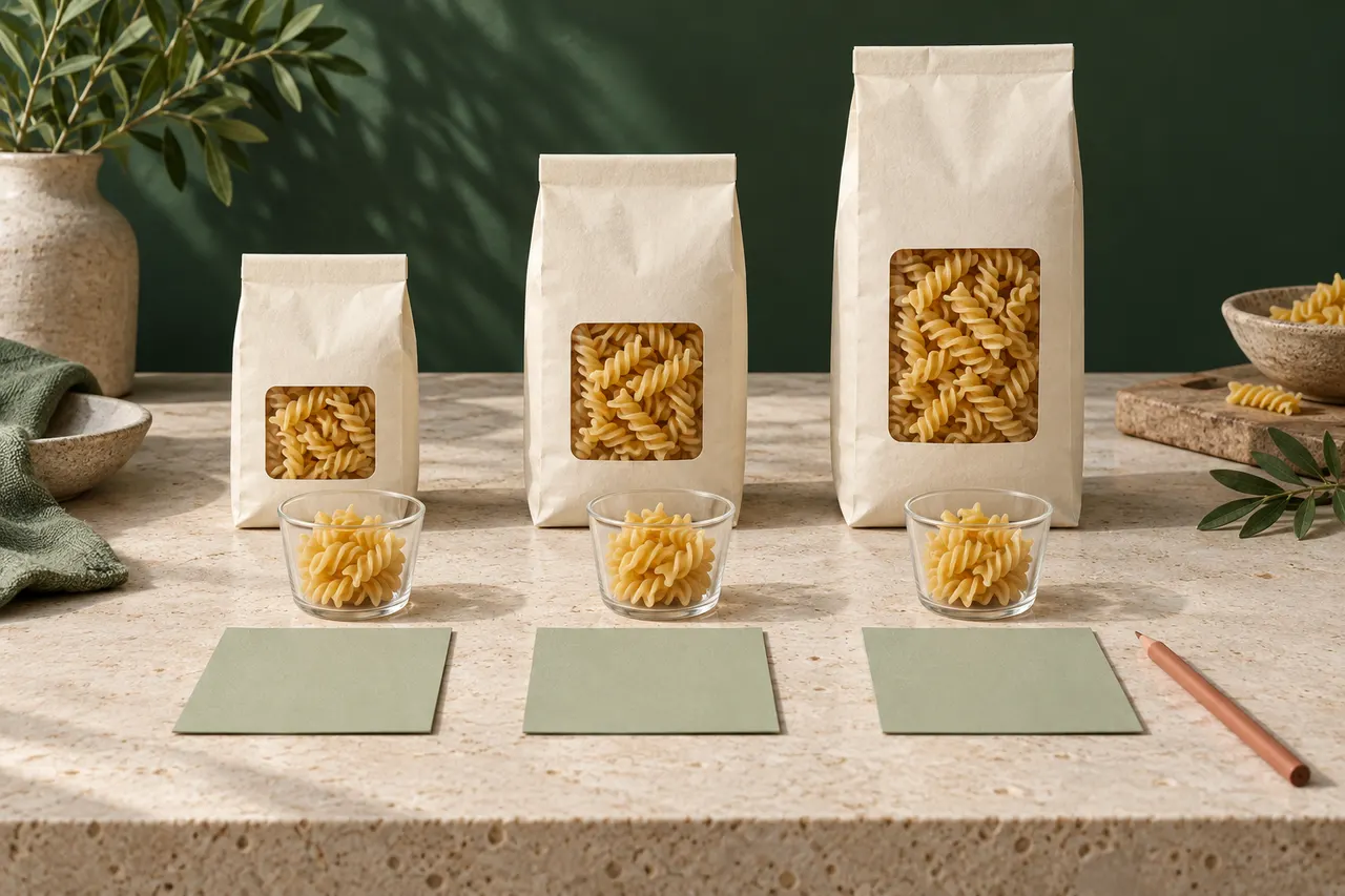 Three differently sized pasta packages behind matching portion cups and blank observation cards.
