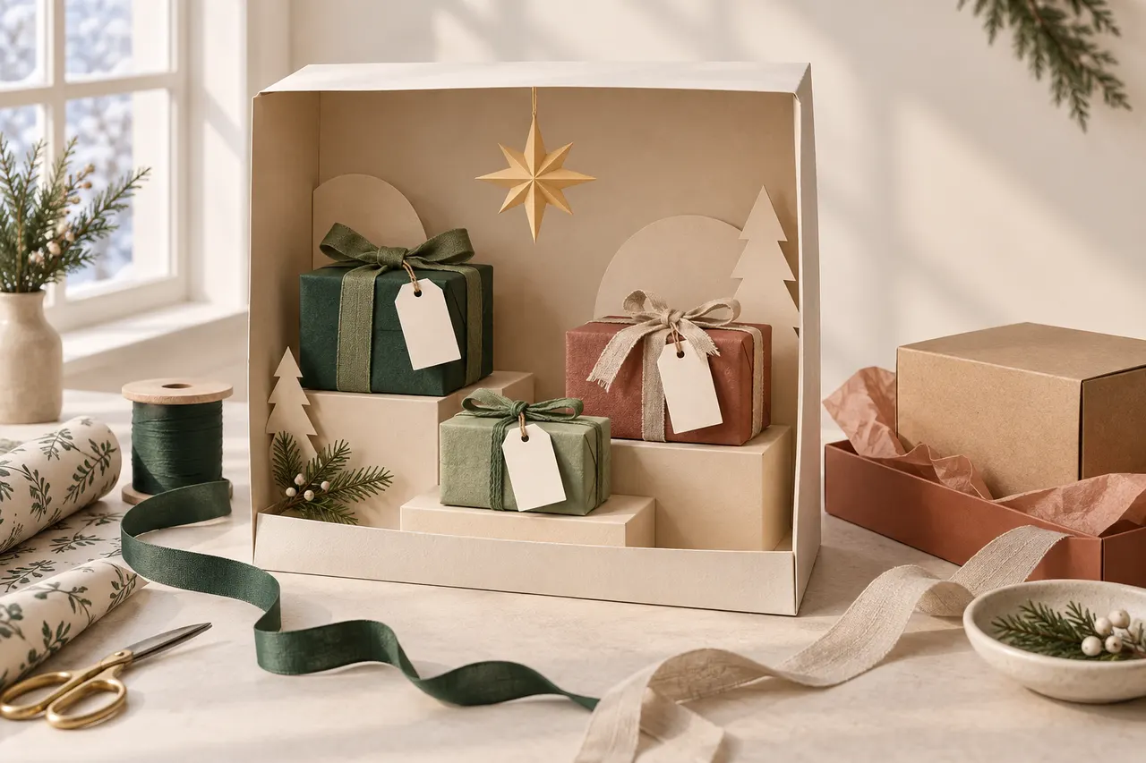 Three wrapped gifts with blank tags in a paper display beside ribbon, wrapping paper and a plain parcel.