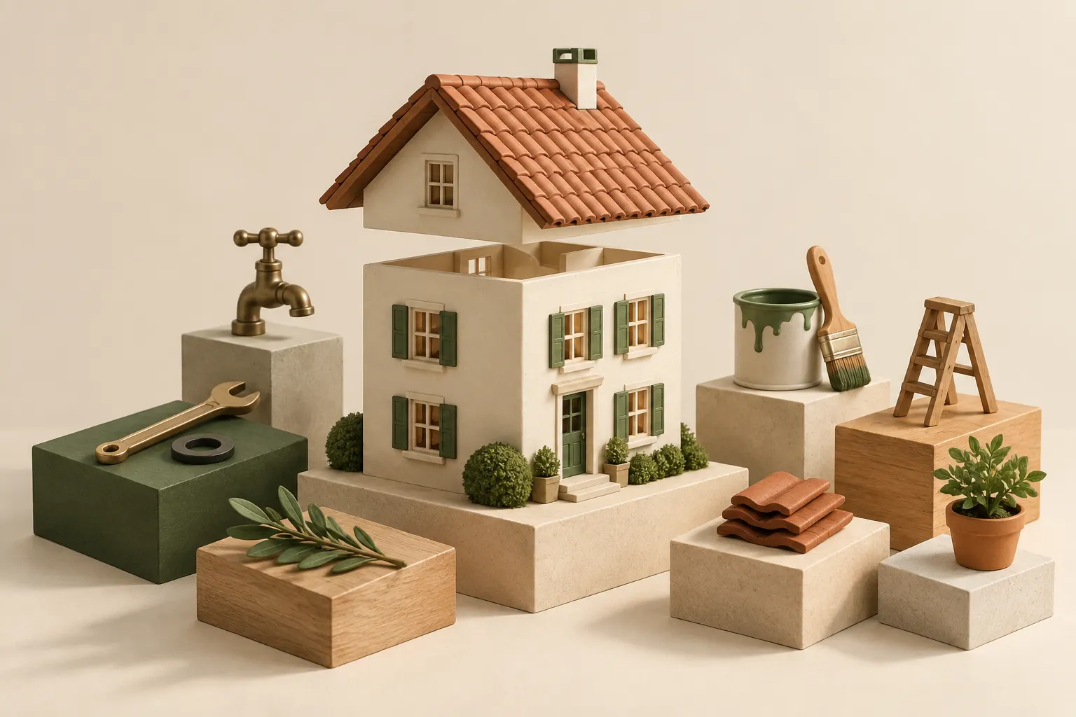 Miniature house with a lifted clay roof and small maintenance tools arranged beside it.