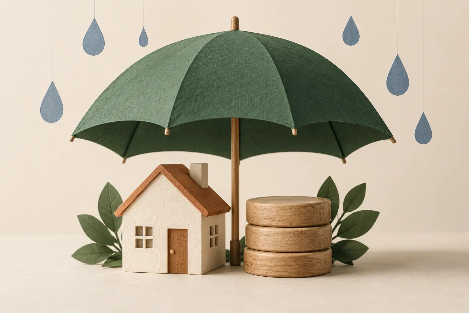 A paper umbrella shelters a miniature house and a small stack of wooden tokens.
