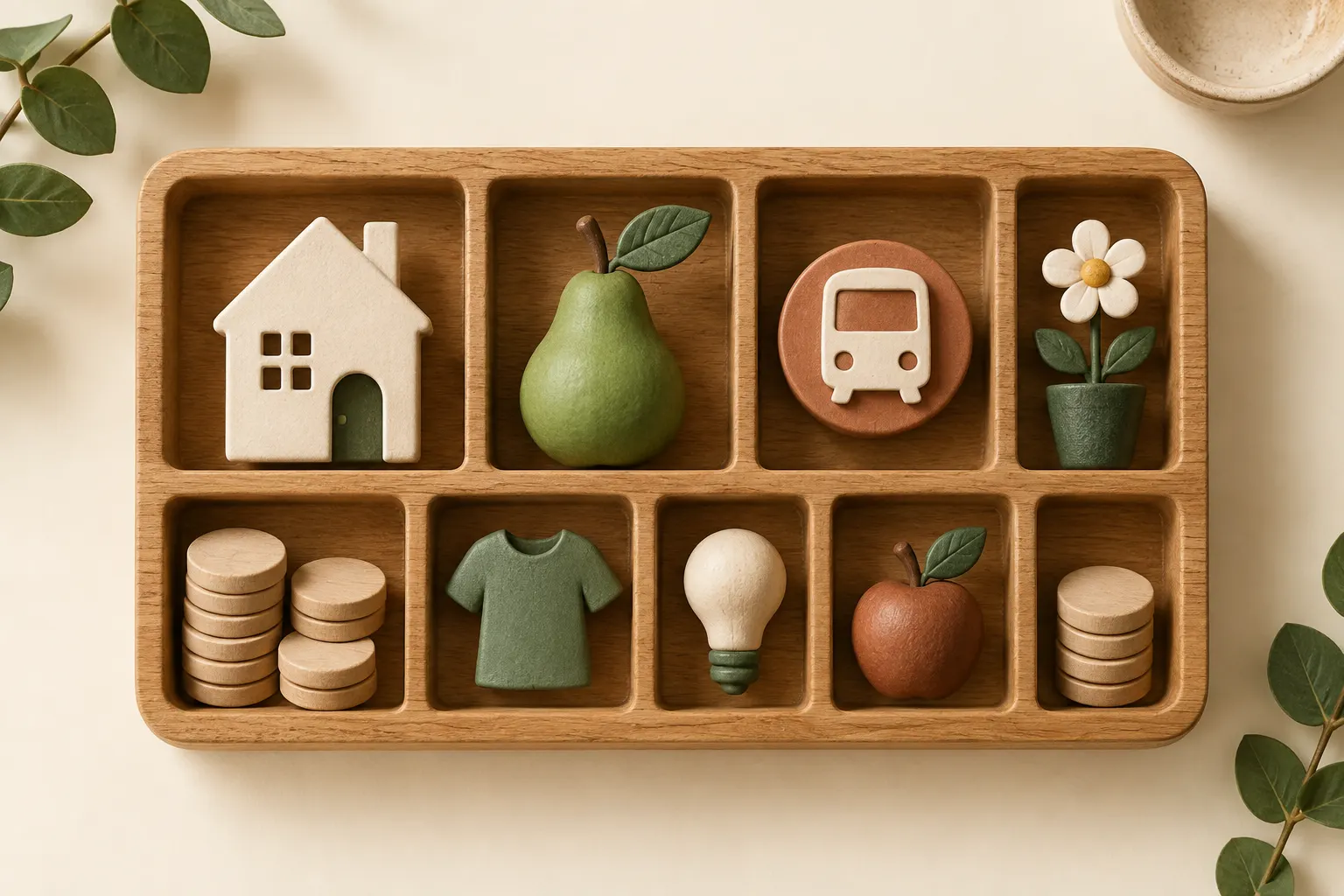 An oak tray separates miniature household objects and wooden tokens into distinct compartments.
