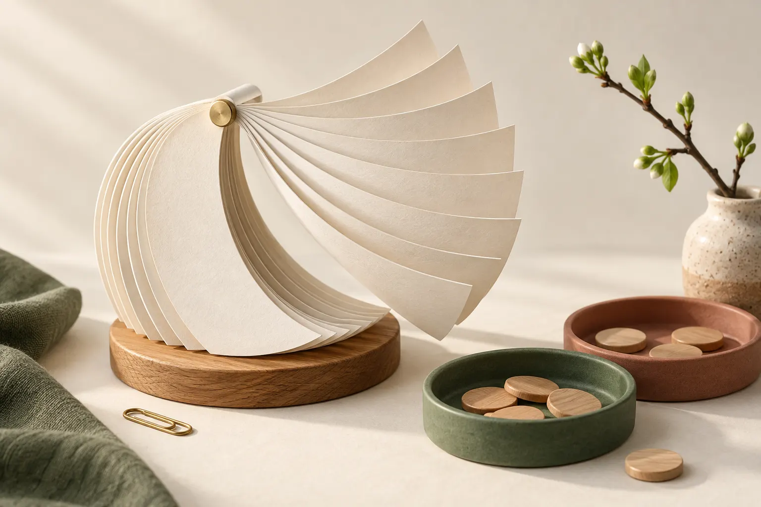 Blank paper calendar leaves form an arc beside sorting trays and a budding branch.