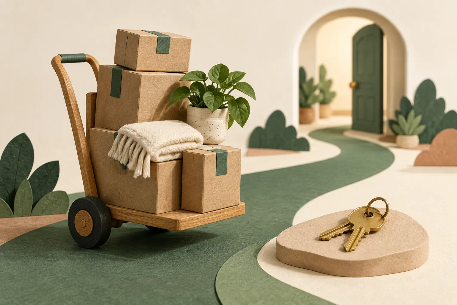 Miniature moving boxes, a plant, and a folded blanket sit on a trolley beside house keys.