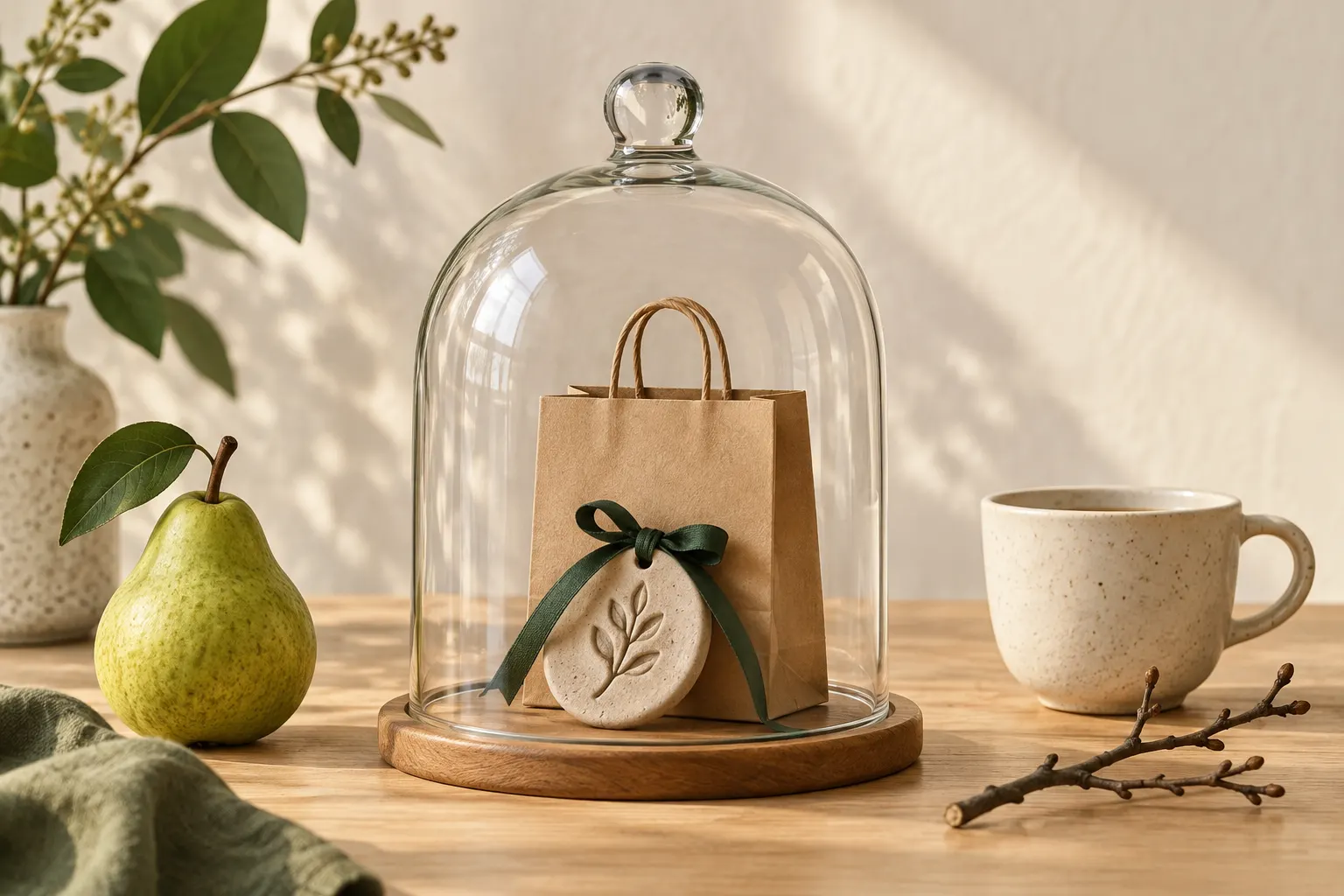 A glass bell jar covers a small shopping bag and ornament while a pear and cup remain outside.