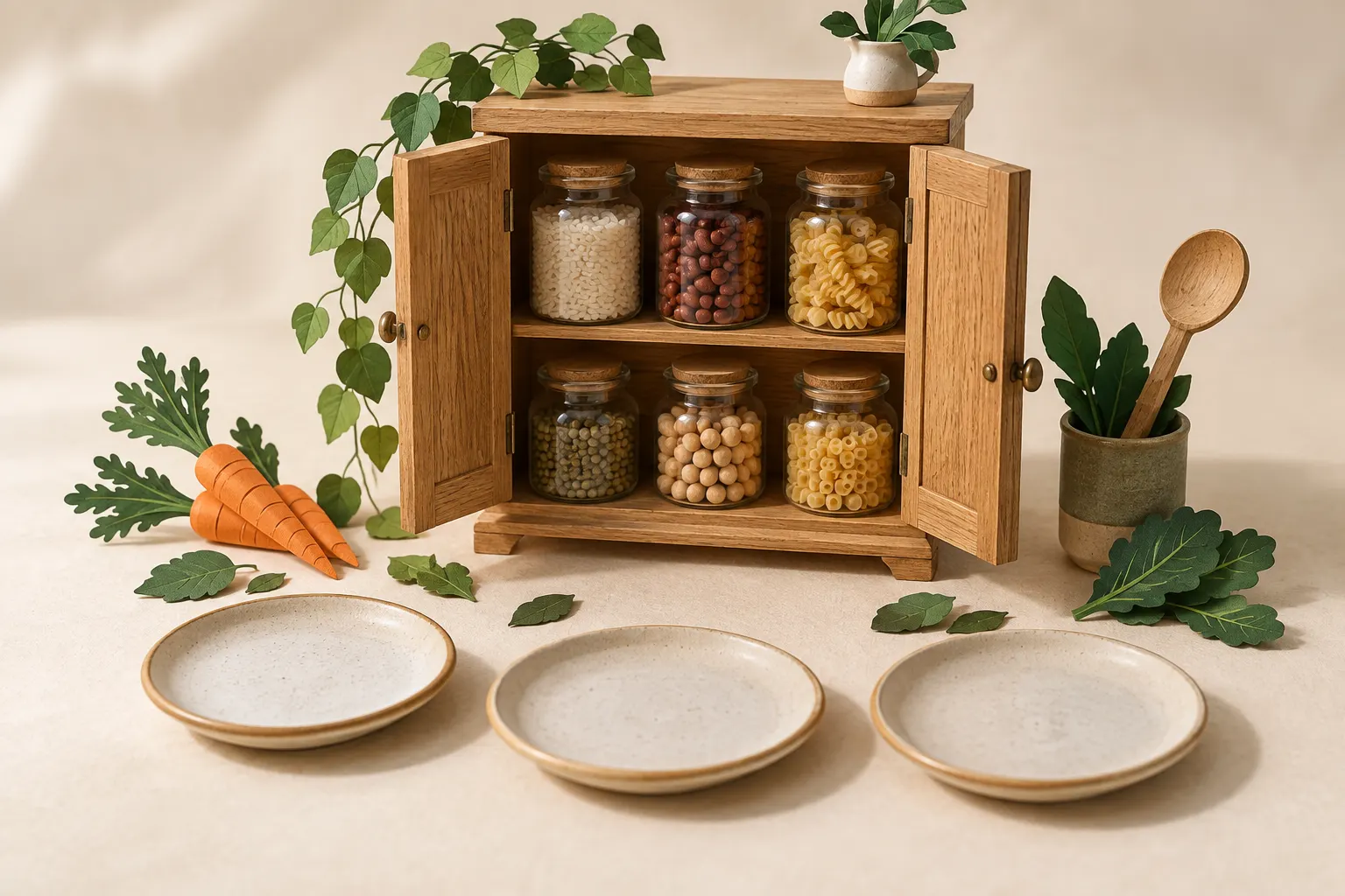 A miniature pantry of rice, beans, and pasta opens toward three ceramic plates and vegetables.