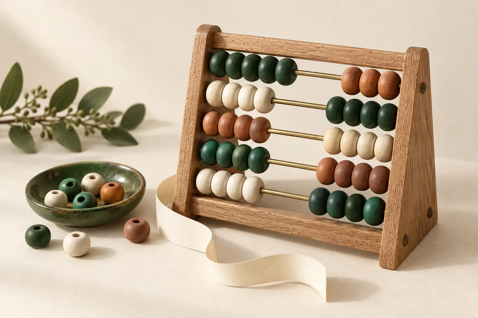 A wooden abacus with green and clay beads sits beside a dish of loose counters.