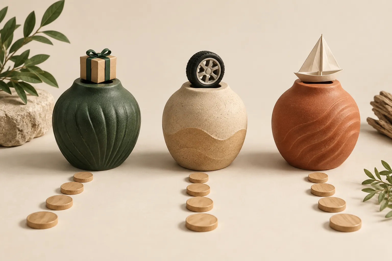 Three ceramic vessels with a gift, wheel, and paper sail receive separate trails of wooden counters.