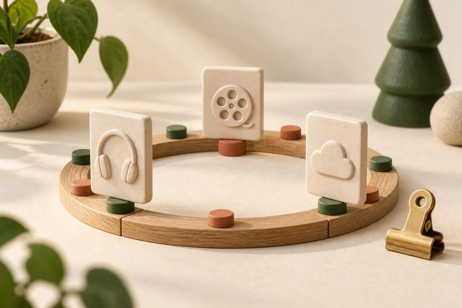 Tiles with headphones, a film reel, and a cloud stand on a circular wooden track with colored pegs.
