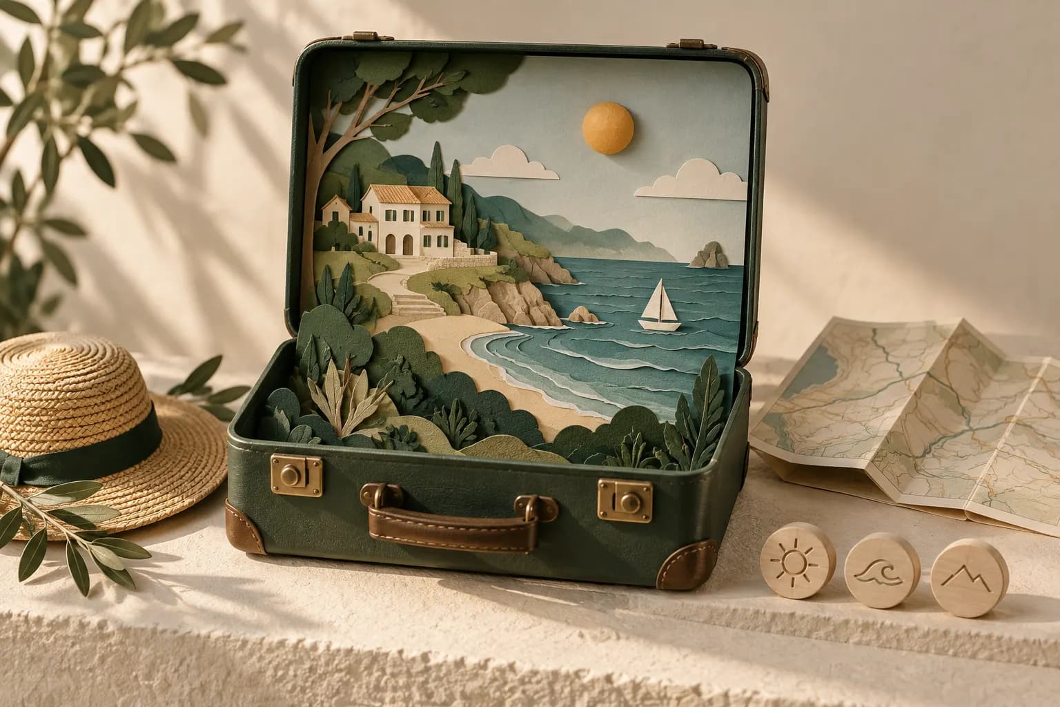 An open green suitcase contains a miniature coastal scene beside a sunhat and an unmarked folded map.