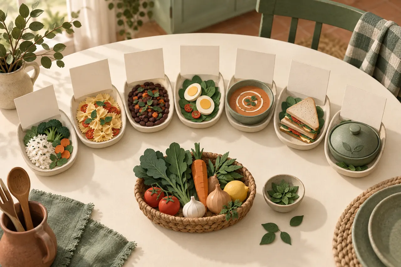 A seven-day meal planning desk with a weekly calendar, ingredients, and portions ready to assign.