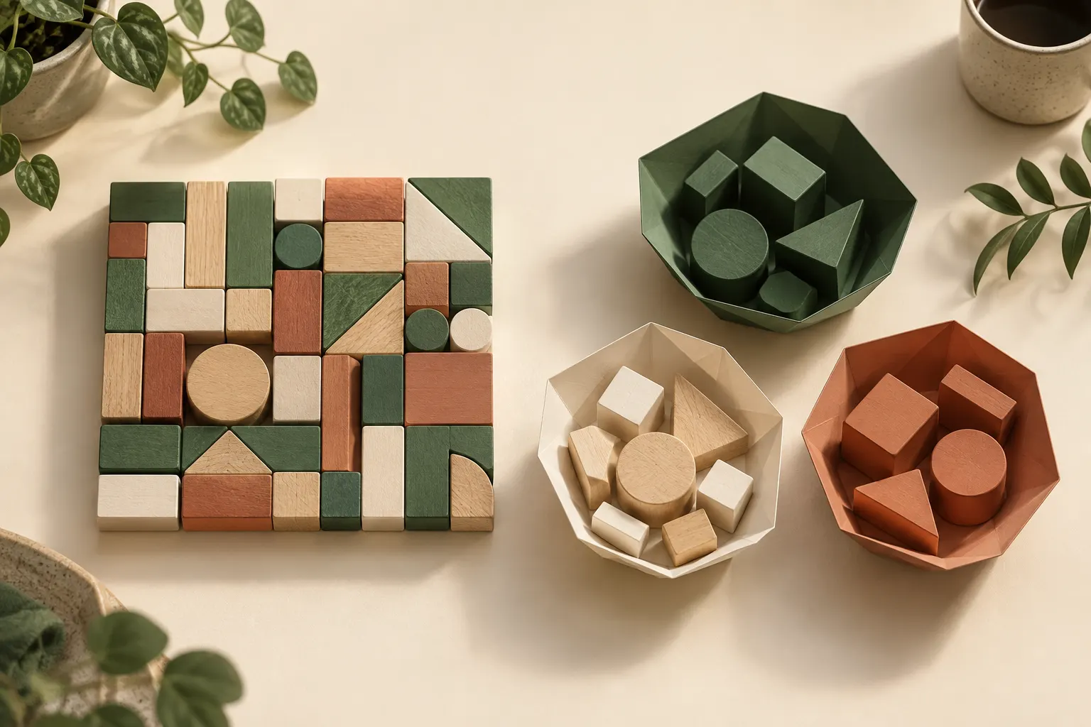 A detailed mosaic of wooden blocks sits beside three paper bowls holding grouped pieces.