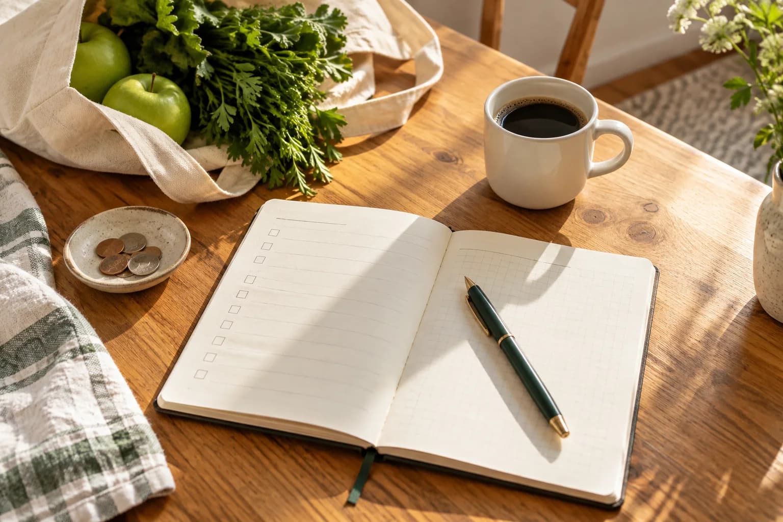 An open planning notebook with coffee and groceries on a sunny kitchen table